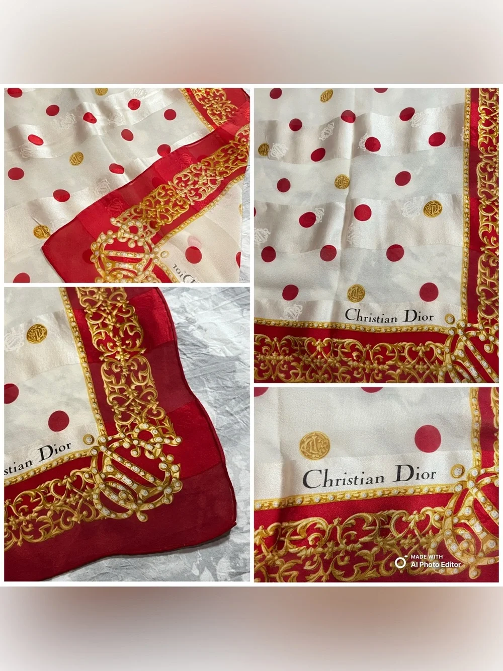 Dior Vintage Silk Chiffon Scarf Red Gold Polka Dot Crown Filigree Jacquard 32